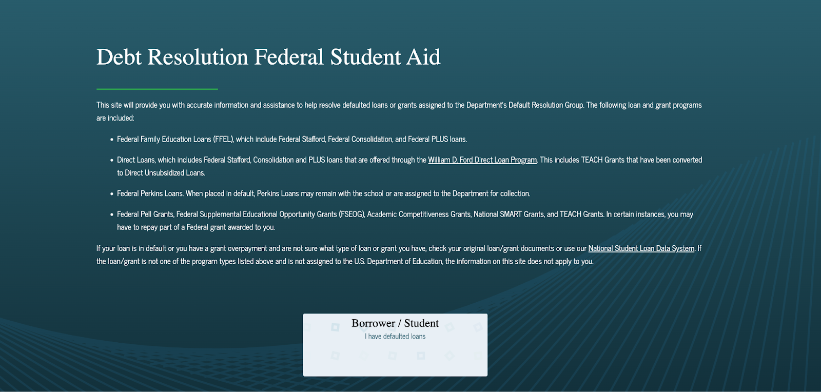A screenshot of the debt resolution page for borrowers/students who have defaulted on their loans.