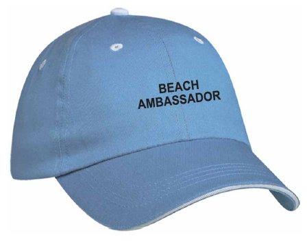 A blue hat with black text Description automatically generated