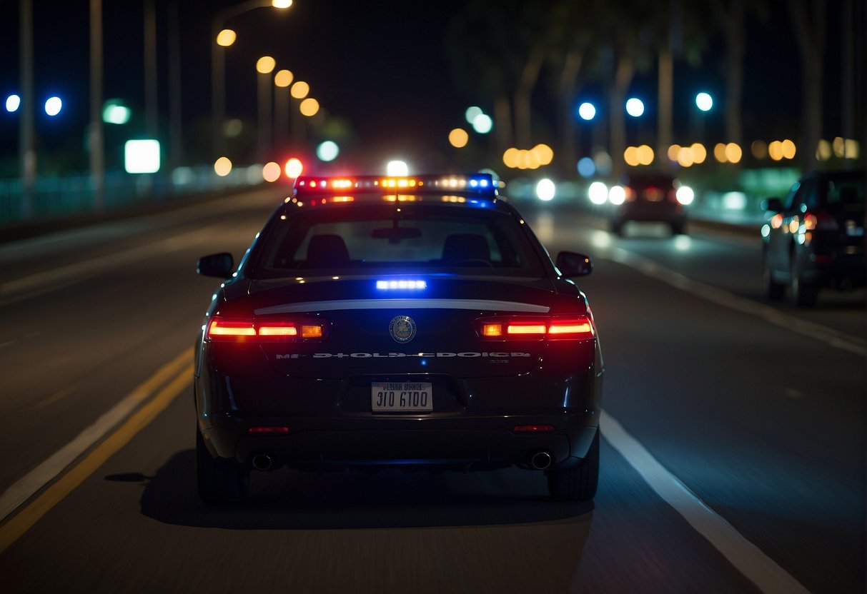 A police car with flashing lights pulls over a vehicle on a Florida highway. The officer approaches the driver's side window