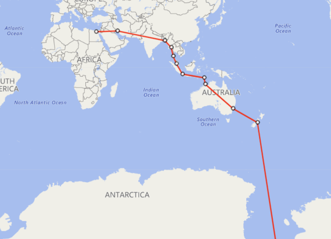 A map of the Gate to Gate 2 challenge from Antarctica to Giza