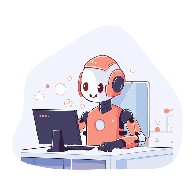 Cute robot in front of computer 