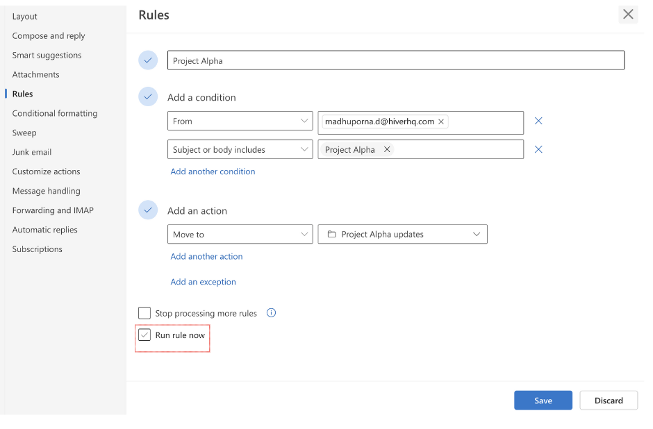 applying filters to existing emails in Outlook