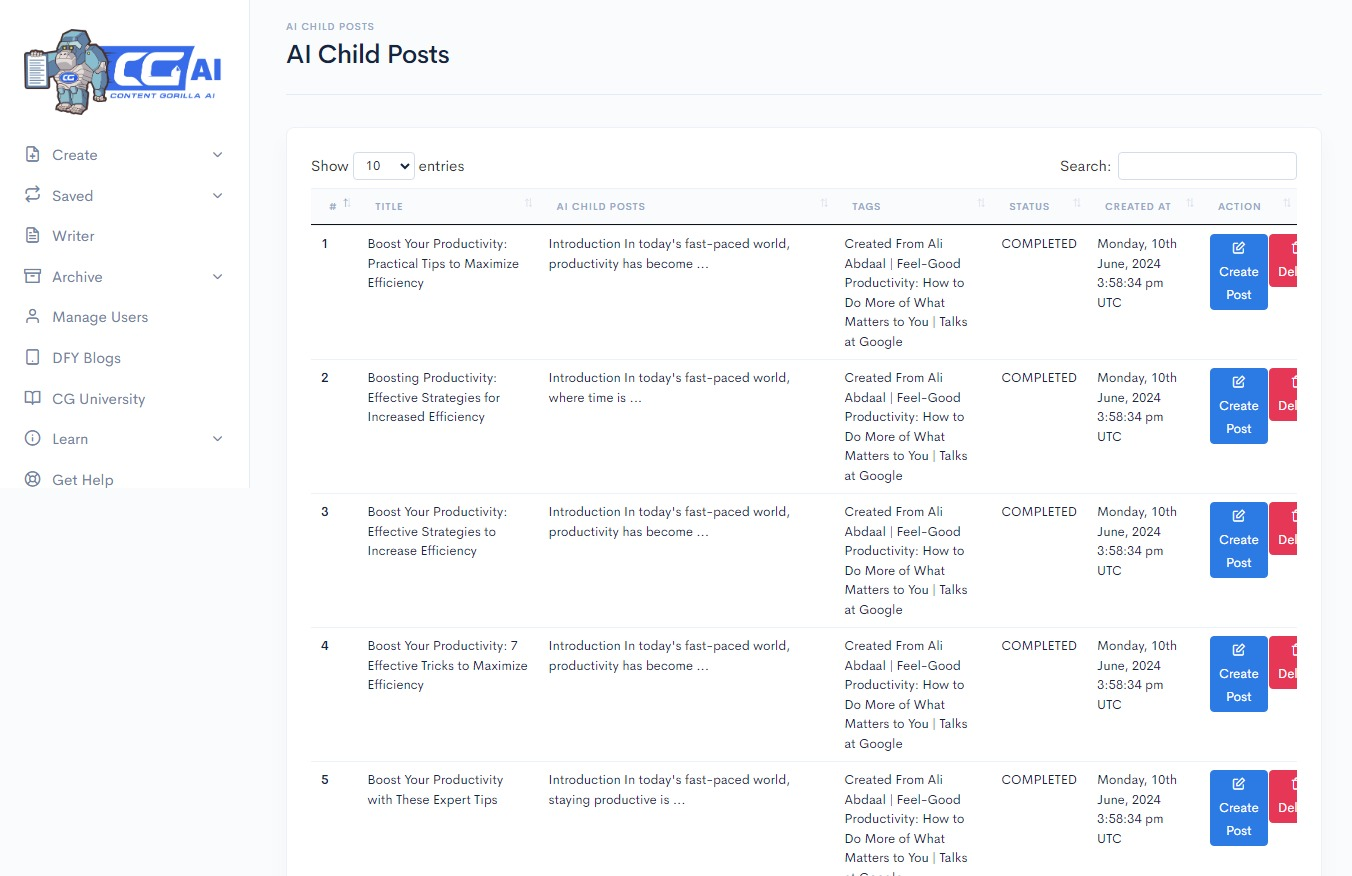 Resulting dashboard after creating bulk content with CGAI