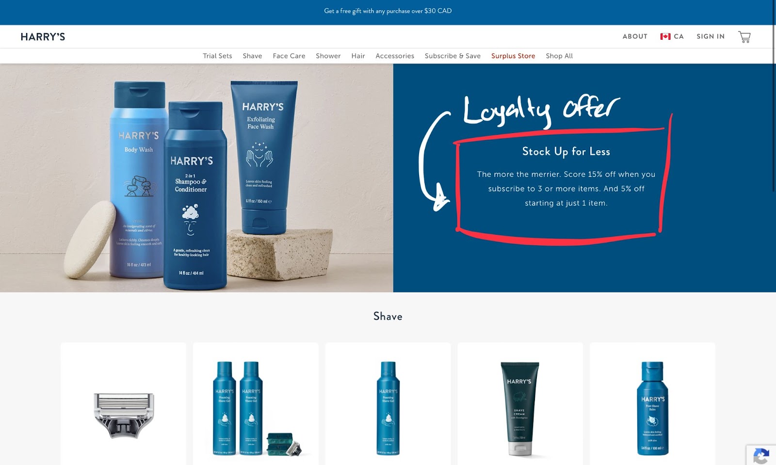 Harry's loyalty page example screenshot to boost ecommerce sales