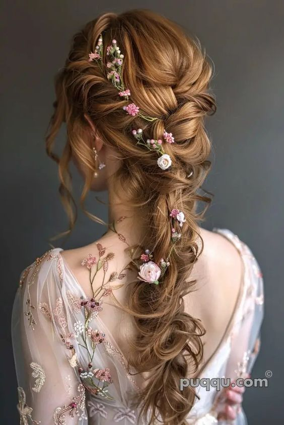 Prom hairstyles:  Back view of Fishtail Braid with Flowers
