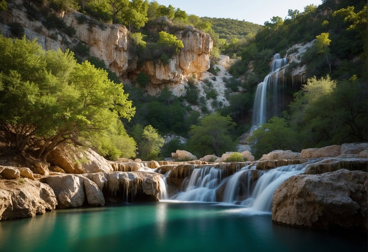 Lush greenery surrounds Turner Falls, with its majestic waterfall cascading into a crystal-clear pool below. Rocky cliffs and a rustic bridge add to the natural beauty of the park