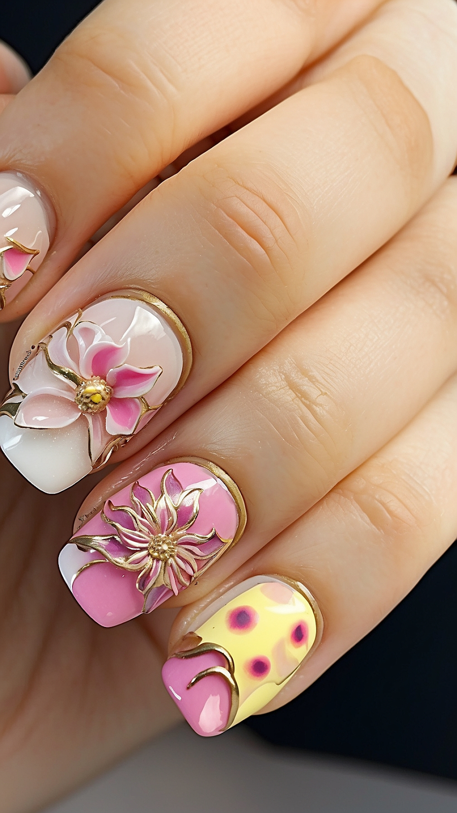 A close-up of a hand with summer-themed nail art designs. The nails are painted with bright colors, including pink, yellow, and white, featuring intricate 3D floral decorations and colorful polka dots. The designs are outlined with gold accents, adding a touch of elegance to the playful look.