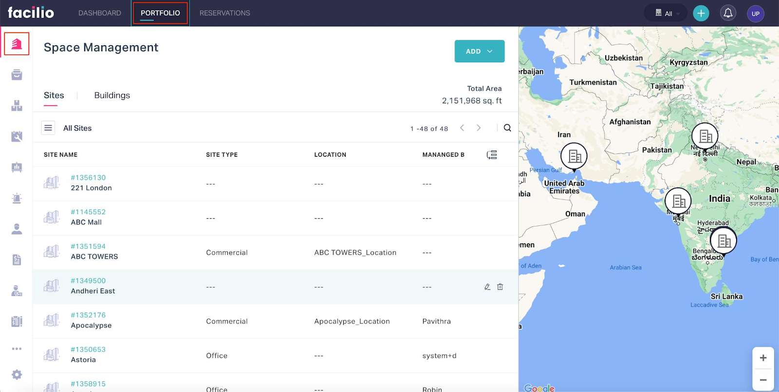 A screenshot of a space management dashboard within facility management software. It displays a list of sites with details such as site name, type, location, and management. The sites listed include various commercial and office spaces across different locations