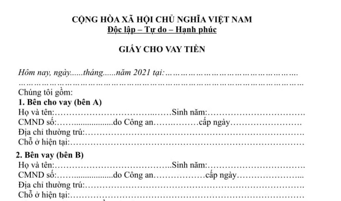 giấy cho vay tiền giữa 2 cá nhân