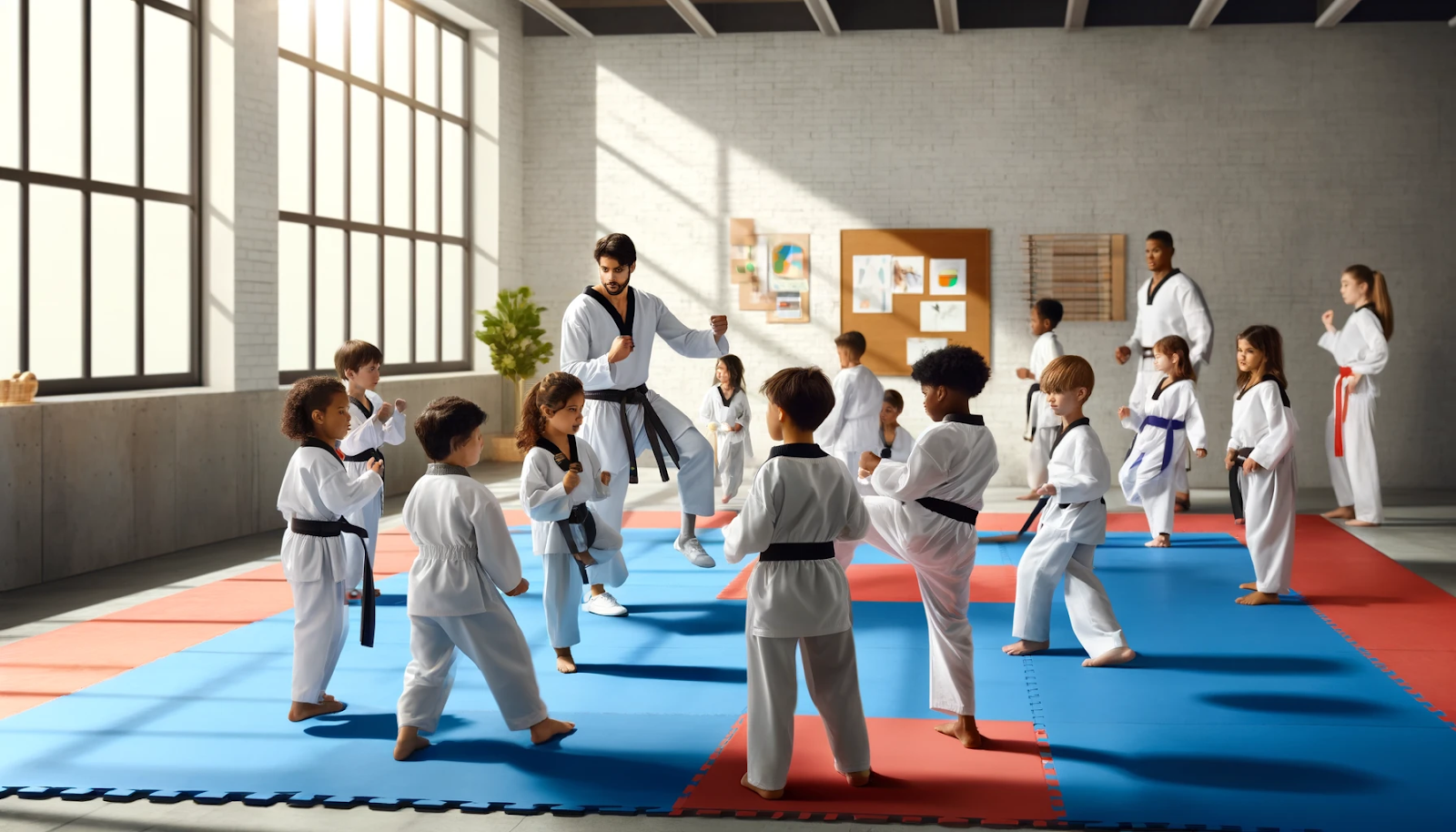 A class of taekwondo students learning self-defense techniques
