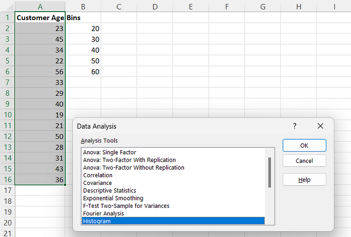 Invoking the Data Analysis Toolpak add-in