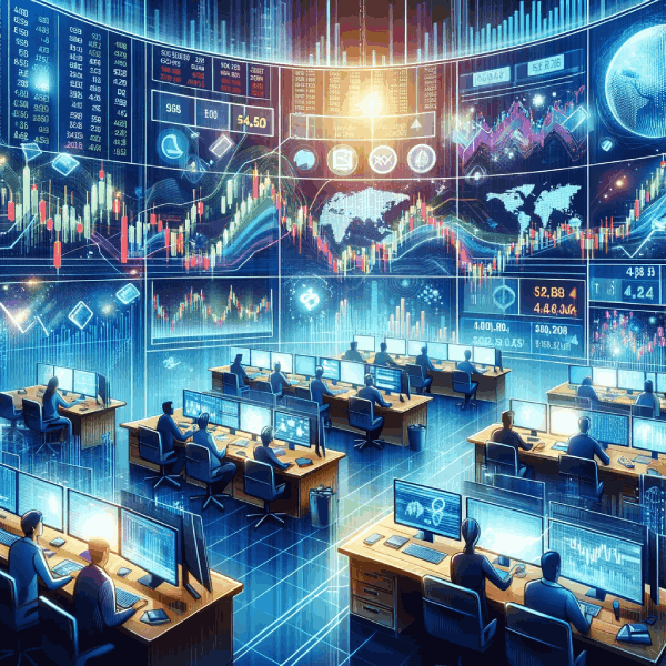 A bustling stock exchange with traders at their desks, screens displaying various financial instruments like stocks, bonds, and cryptocurrencies.