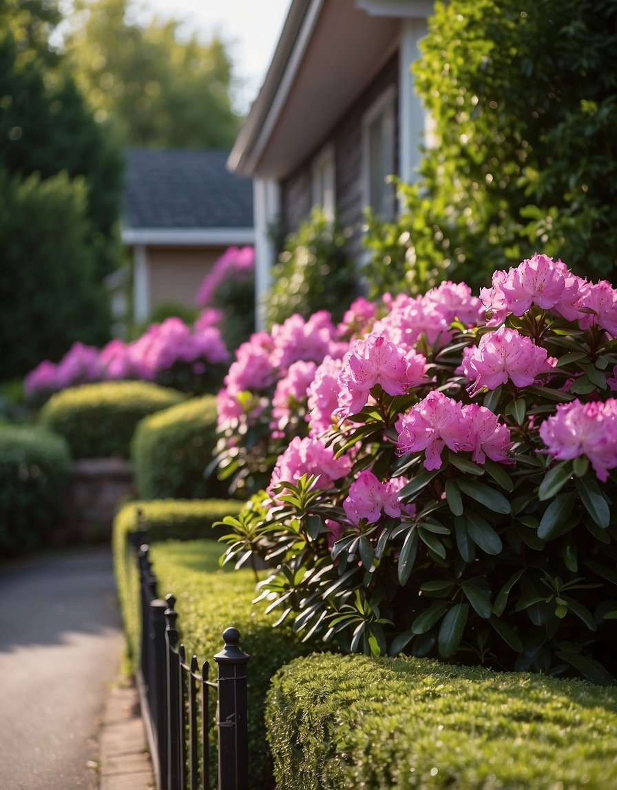 Rhododendron bushes line the front of a house, with vibrant pink and purple blooms against a backdrop of green leaves