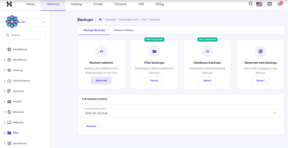 screenshot of hostinger backup and restore settings for wordpress maintenance