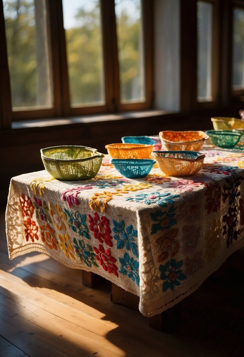 A table with colorful embroidered totes displayed. Sunlight streams through a nearby window, casting a warm glow on the intricate patterns and designs