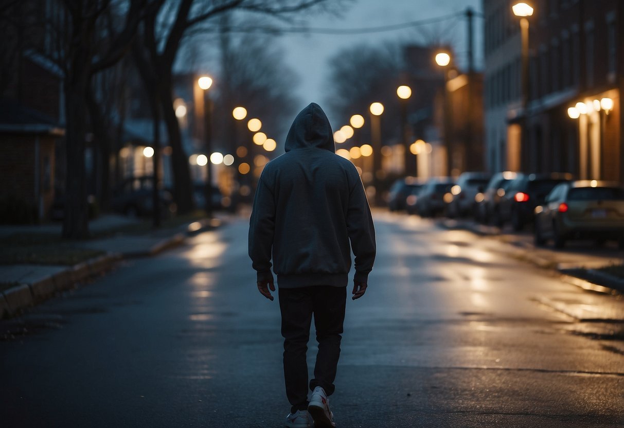 A Neighborhood At Dusk, With A Dimly Lit Street And A Figure In A Hoodie Walking Alone. A Sense Of Tension And Unease Lingers In The Air