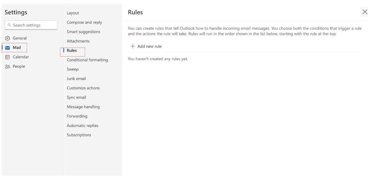 Rules in Outlook settings