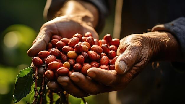 Harvesting coffee with beans cradled in a hand