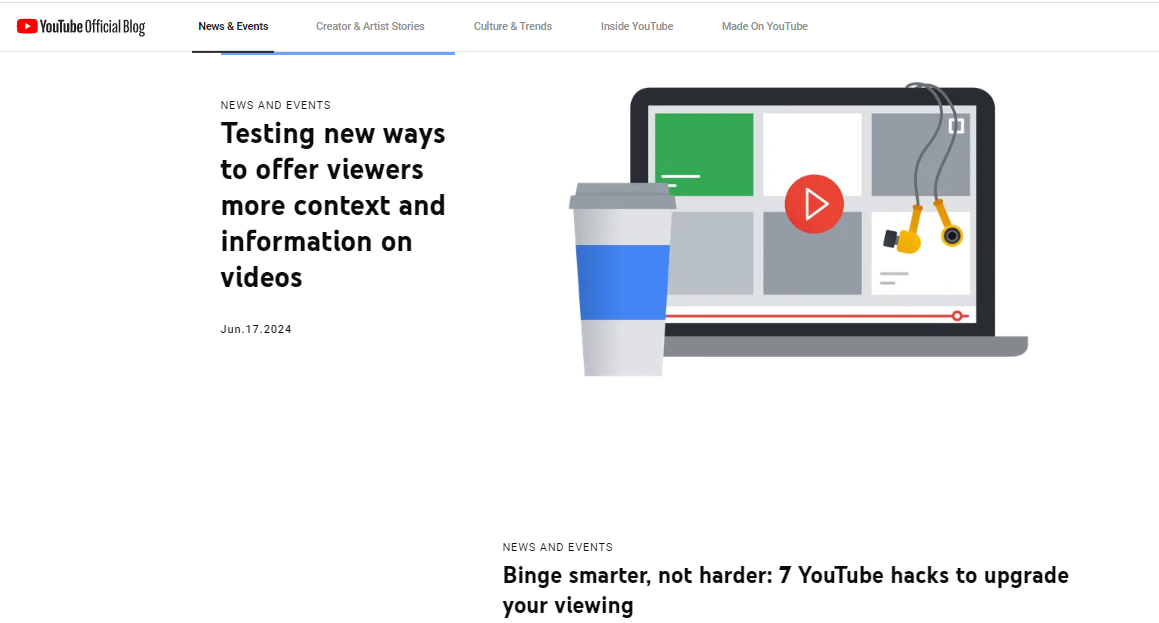 YouTube official blog for blog page examples