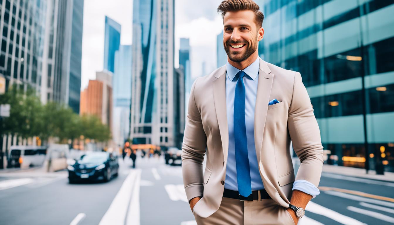 A confident and stylish man wearing a modern outfit from BooHooMAN, walking down a busy street with skyscrapers in the background. The colors of his outfit are bold and eye-catching, with a mix of classic and trendy pieces. He holds a coffee cup in one hand and his phone in the other, showing off his cool and sophisticated style.
