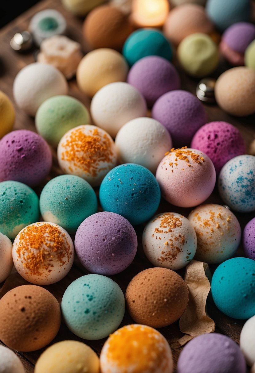 A colorful array of bath bombs arranged on a display table, surrounded by various crafting materials and packaging supplies. The scene exudes creativity and potential for profit