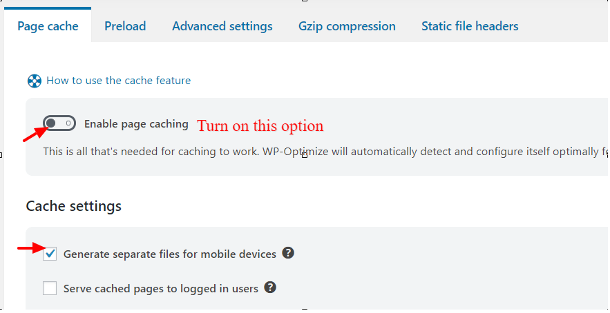 Cache Settings in WP optimize plugin