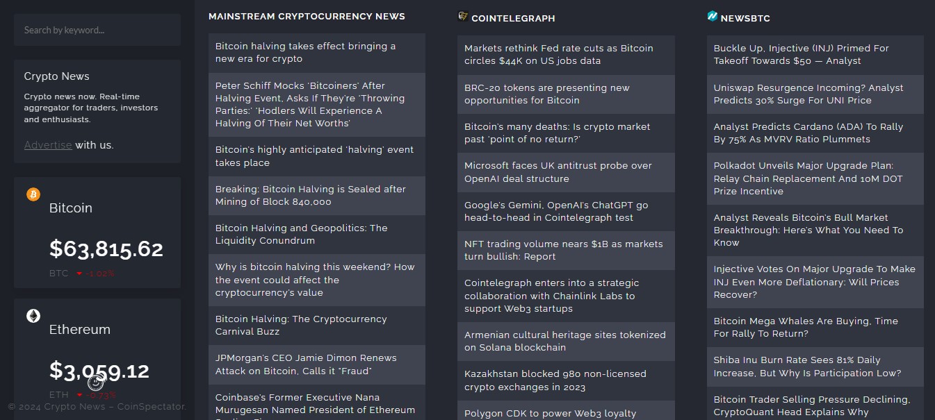 Best Crypto News Aggregator Platforms: CoinSpectator homepage