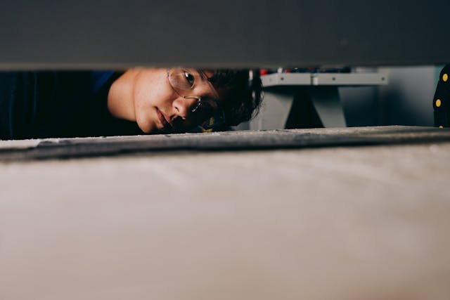 A man standing, looking down at a table probably looking for gaps.