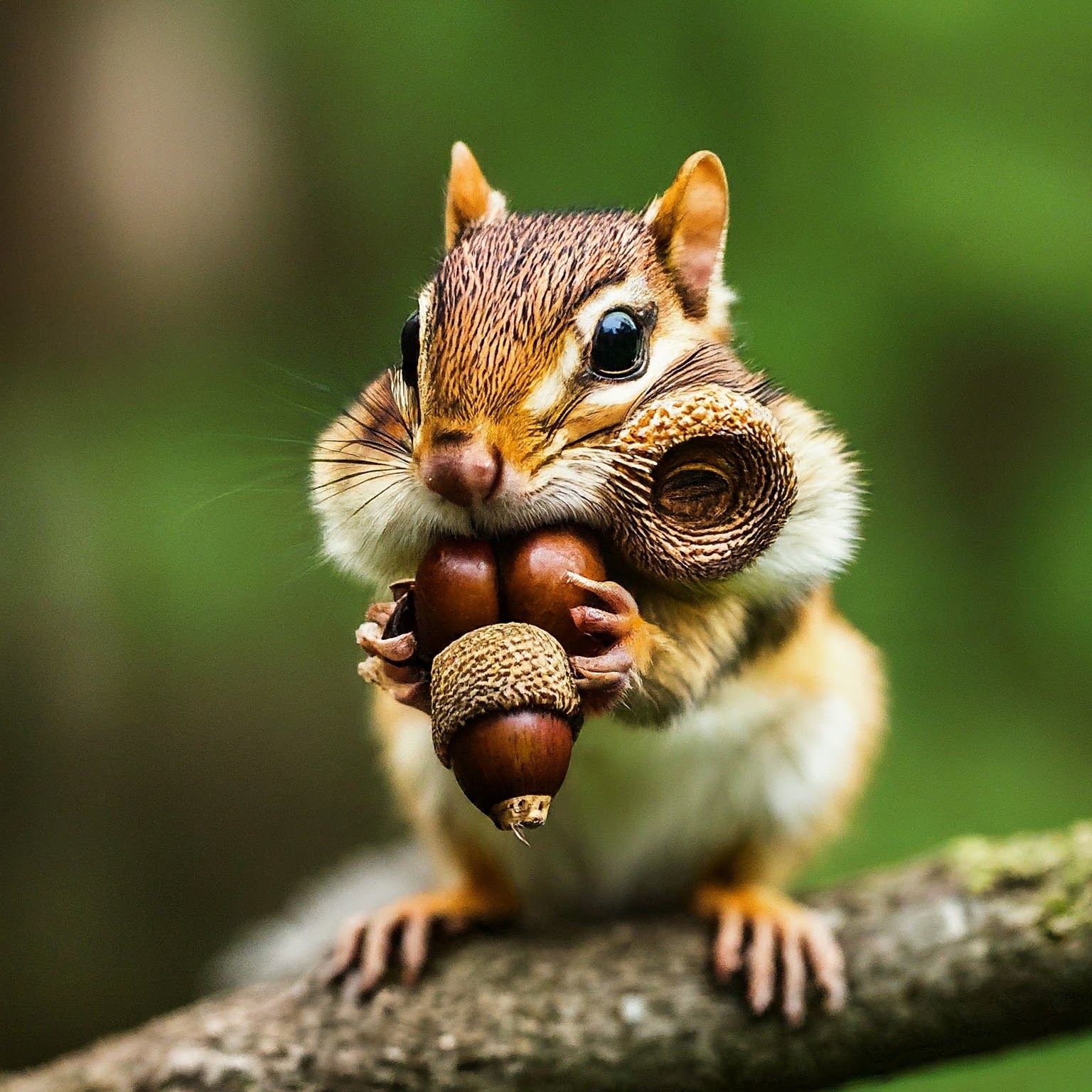 Close up of a chipmunk filling his cheek pouches with acorns