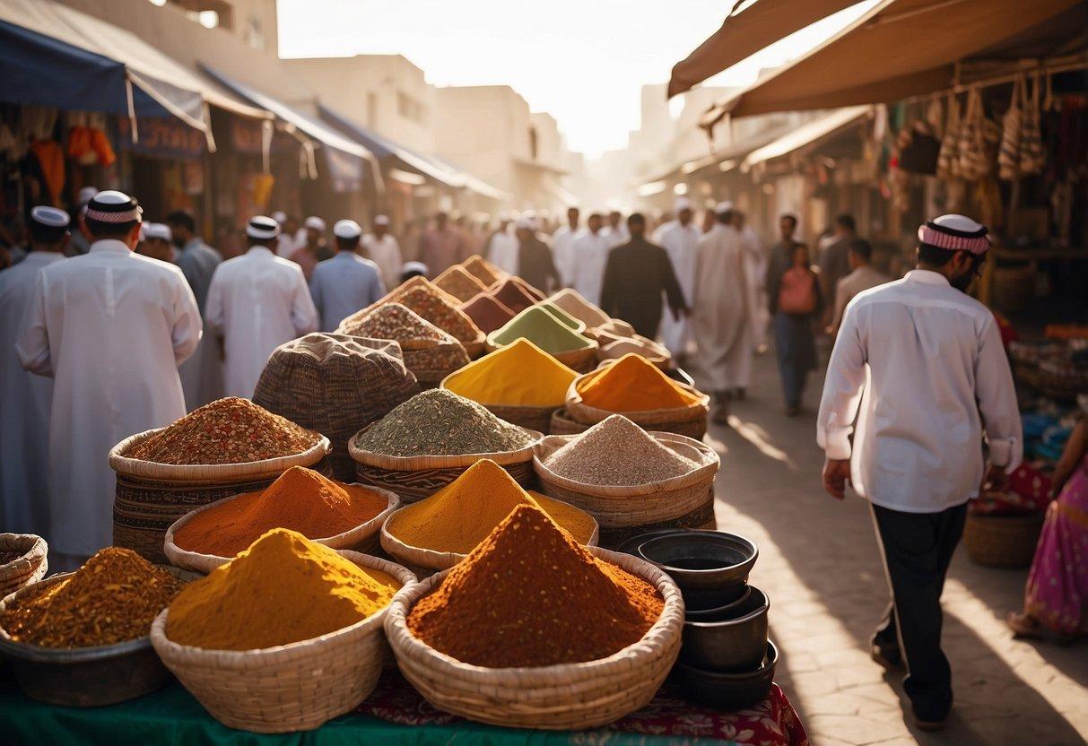 A bustling street market in the UAE, with colorful stalls selling spices, textiles, and traditional crafts. The sun shines down on the lively scene, as locals and tourists browse the wares
