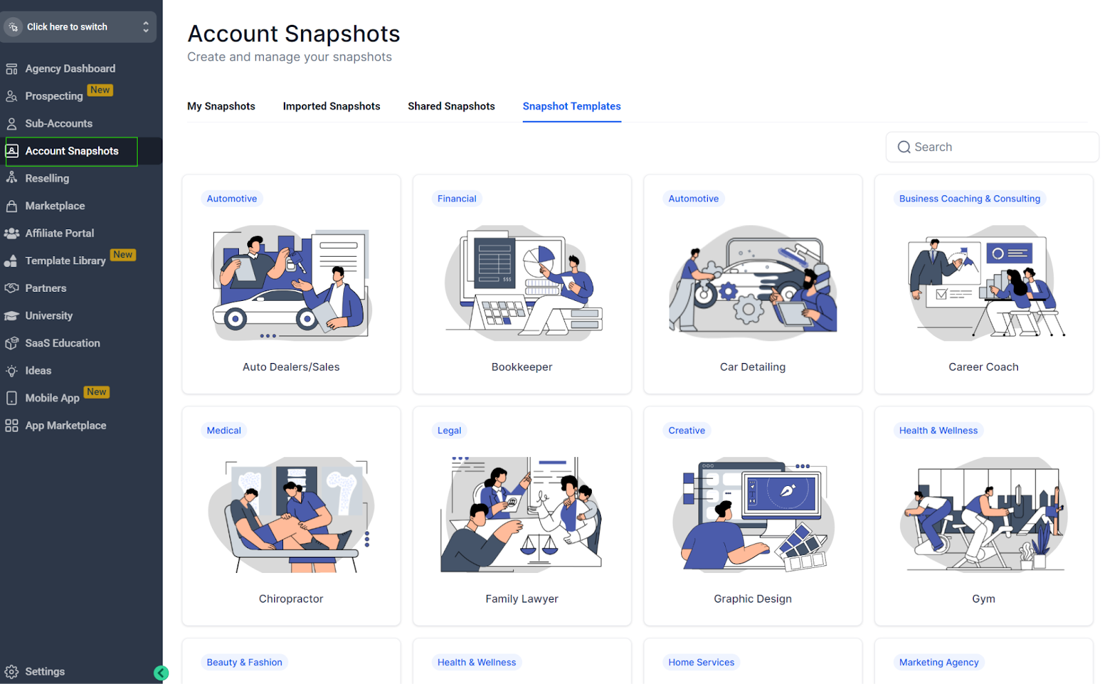 Account snapshot templates