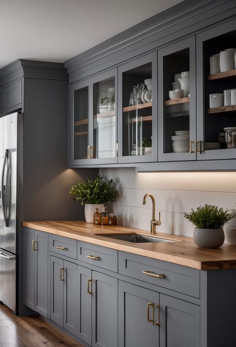 The soft gray cabinets are accented with warm wood details, creating a modern and inviting kitchen space