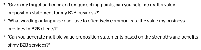 ChatGPT questions to guide the drafting of your finished value propositions.