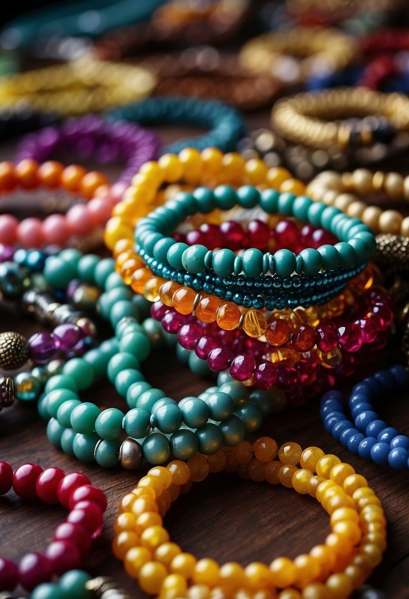 A table scattered with colorful beaded bracelets, arranged in neat rows, catching the light. A sign reads "Money Making Crafts That Sells Easily."