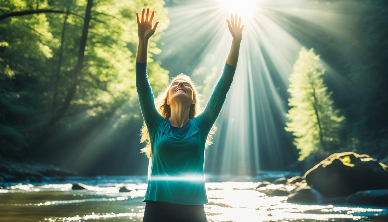 A river flowing through a forest, with rays of sunlight shining down. A person standing at the edge of the river, arms raised and head tilted back in a power stance. The person's silhouette is illuminated by the sunlight, with their eyes closed in deep concentration. Above them, a bright burst of light symbolizing their manifestation of success.