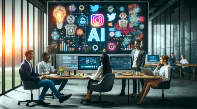 ai for social media marketing - AI-generated image of coworkers siting at a table looking at a digital screen