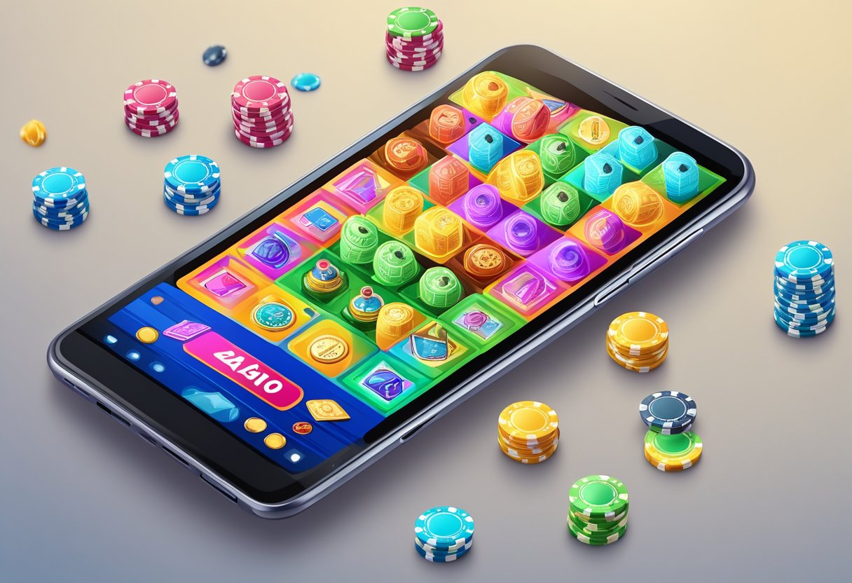 A smartphone in a pocket, with a casino app open and colorful game icons displayed on the screen