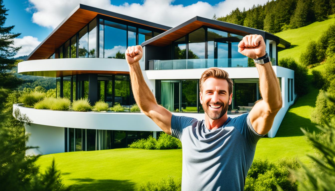 A beautiful, modern house nestled in the middle of lush green nature. The house is filled with natural light and has large windows that offer stunning views of the surrounding landscape. A person stands outside the house with their arms raised in victory, indicating that they have successfully manifested their dream home using the power of the law of attraction. The image radiates positivity and happiness, creating a sense of hope and inspiration for anyone who sees it.