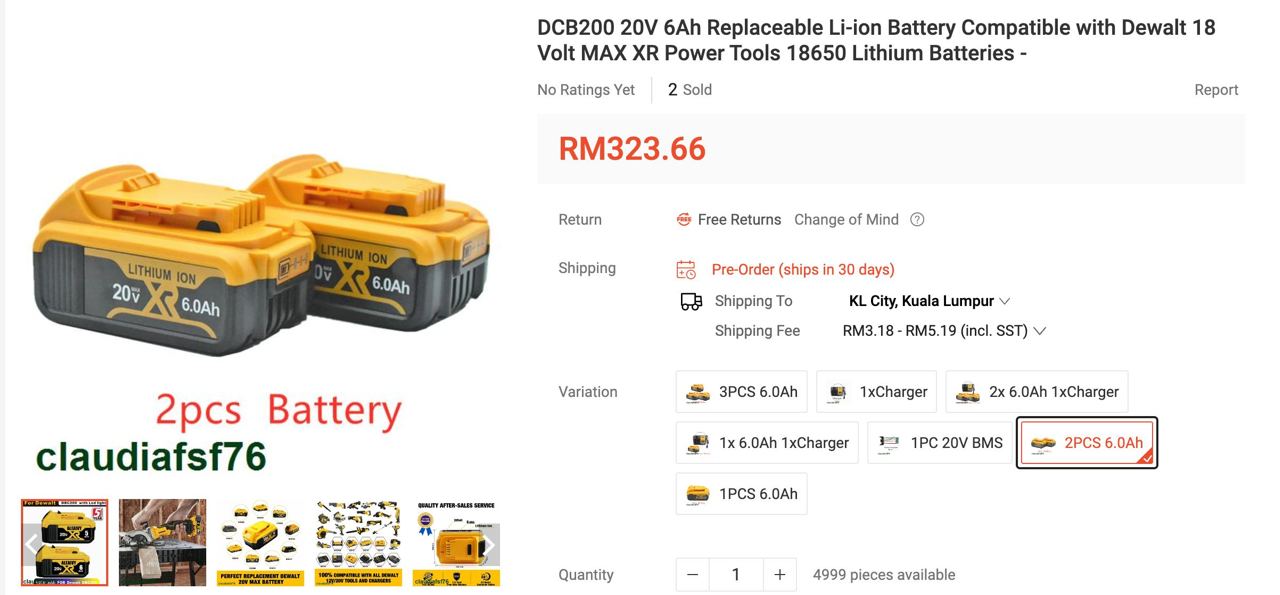 Satu set item menyamai fungsi bateri DeWalt dijual dengan harga RM323.66 sen di Shopee