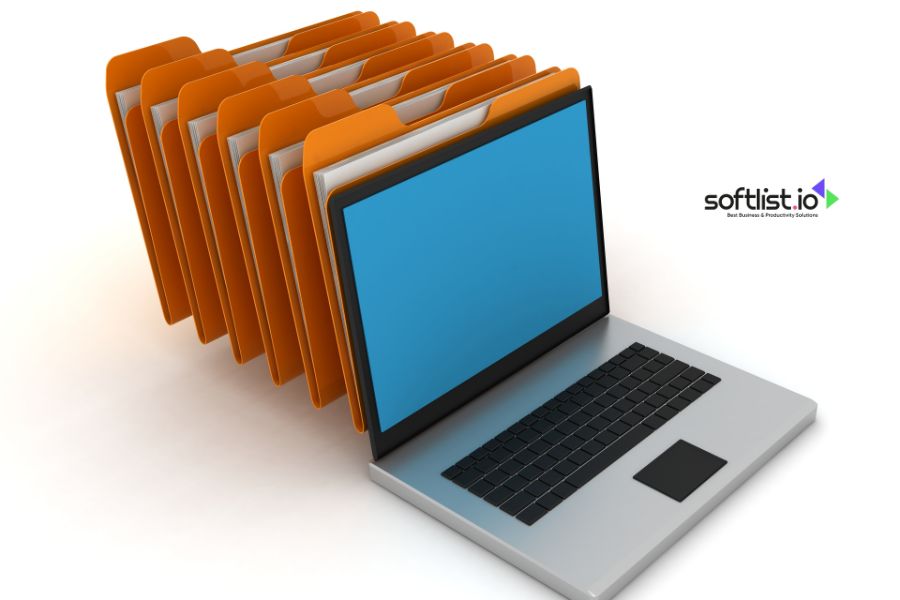 A laptop with expanding file folders displayed on the screen, logo of Softlist.io.