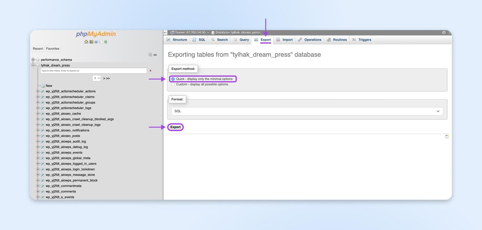 Interfaz de phpMyAdmin con la casilla "Quick - display only the minimal options" seleccionada y la pestaña "Export" resaltada.