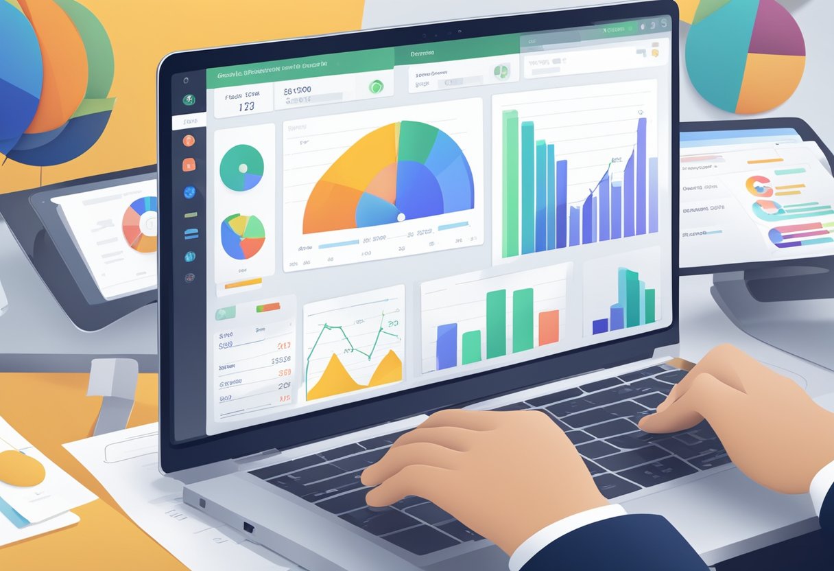 A laptop displaying a sales dashboard with graphs and charts, surrounded by a phone, calculator, and contract papers. A virtual meeting in progress on the screen