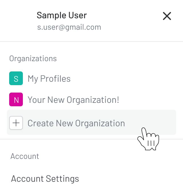 Screenshot of the sidebar with the list of organization names. It includes a curser hand pointing to the "Create New Organization" option.