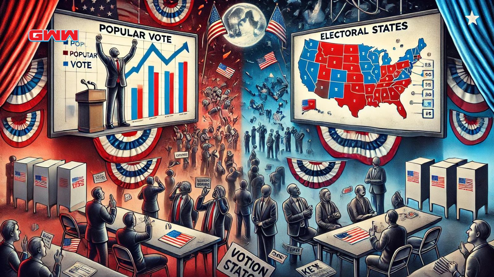 A political scene depicting the predicted outcome of an election