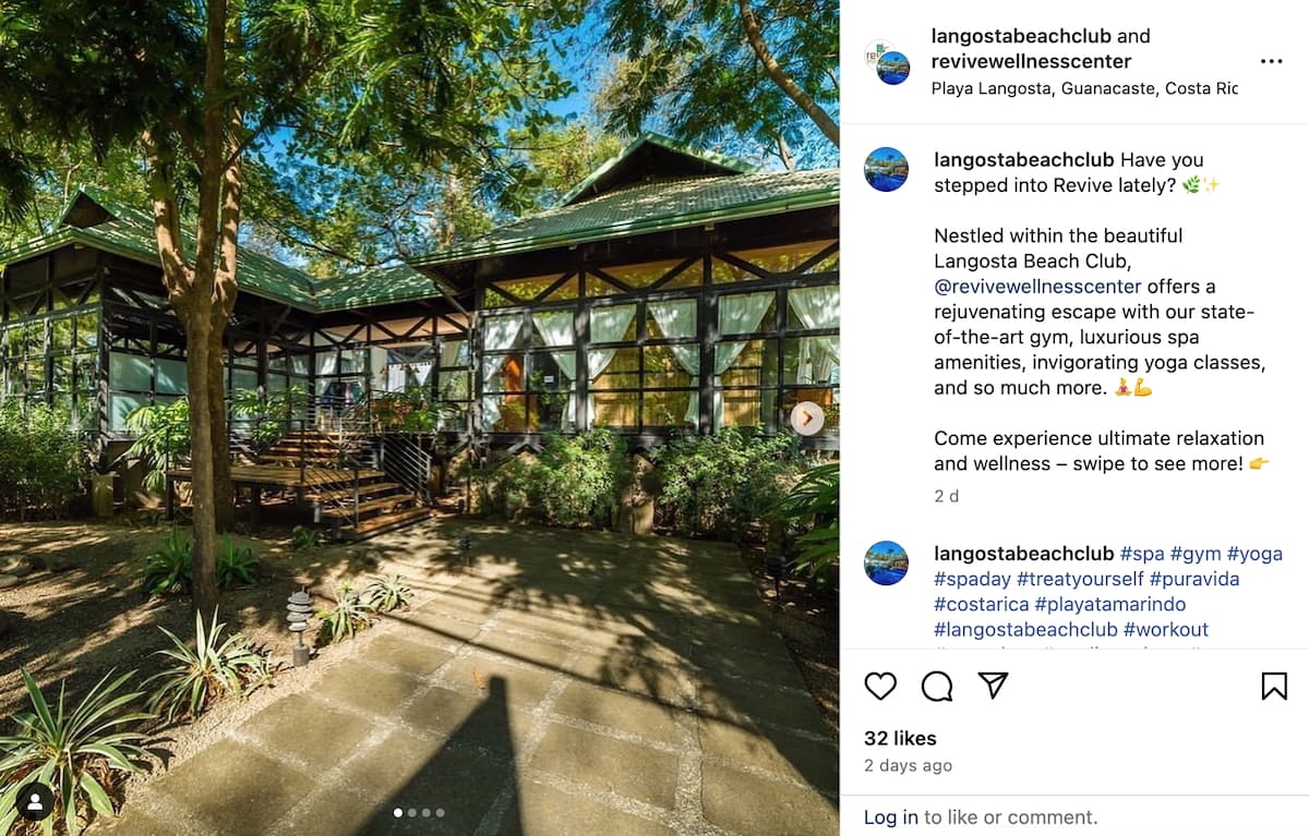 An instagram post of the exterior of the Revive Wellness Center spa in Tamarindo
