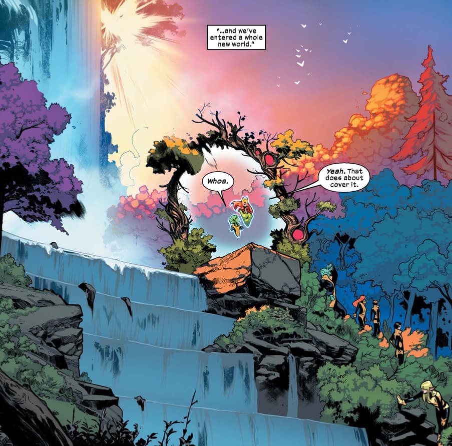 Jean Grey in her Marvel Girl costume stepping through a teleportation gateway with a young mutant. The gateway is made of plants, it looks like it grew out of the ground into a ring shaped tree, because that’s exactly what it did. The gateway sits on top of a beautiful waterfall on Krakoa. The young mutant says, “whoa.” Jean replies, “yeah. That does about cover it.”