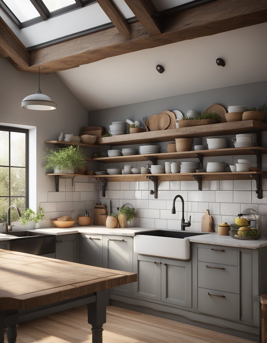 A farmhouse kitchen with open shelving, featuring light gray cabinets and a cozy, rustic atmosphere