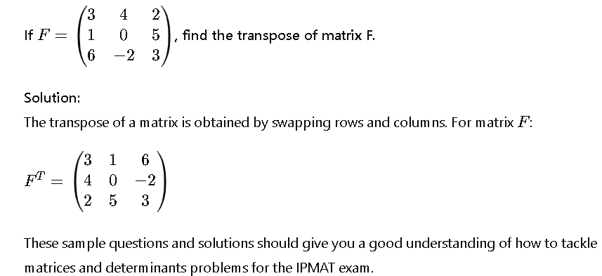 Matrices and Determinants Questions for IPMAT