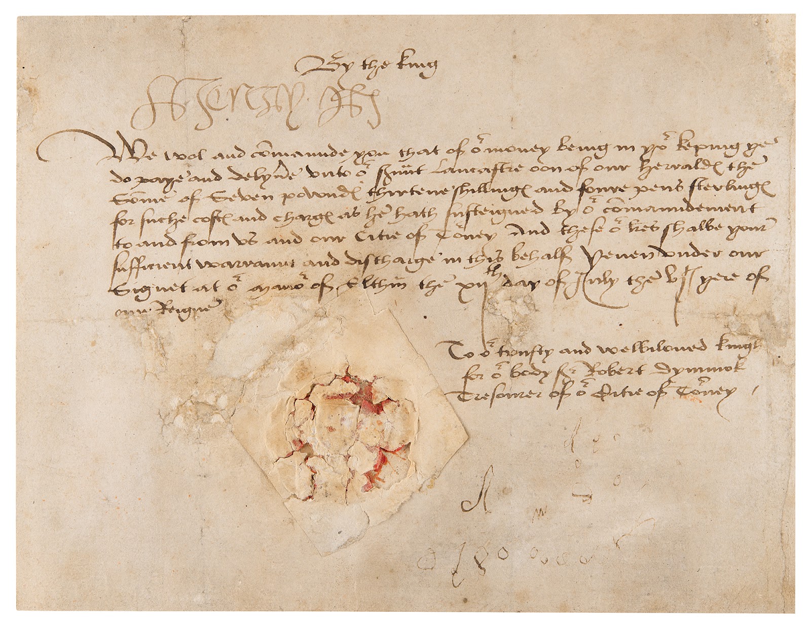 Document signed by famous monarch King Henry VIII, which still bears a paper-and-wax seal.