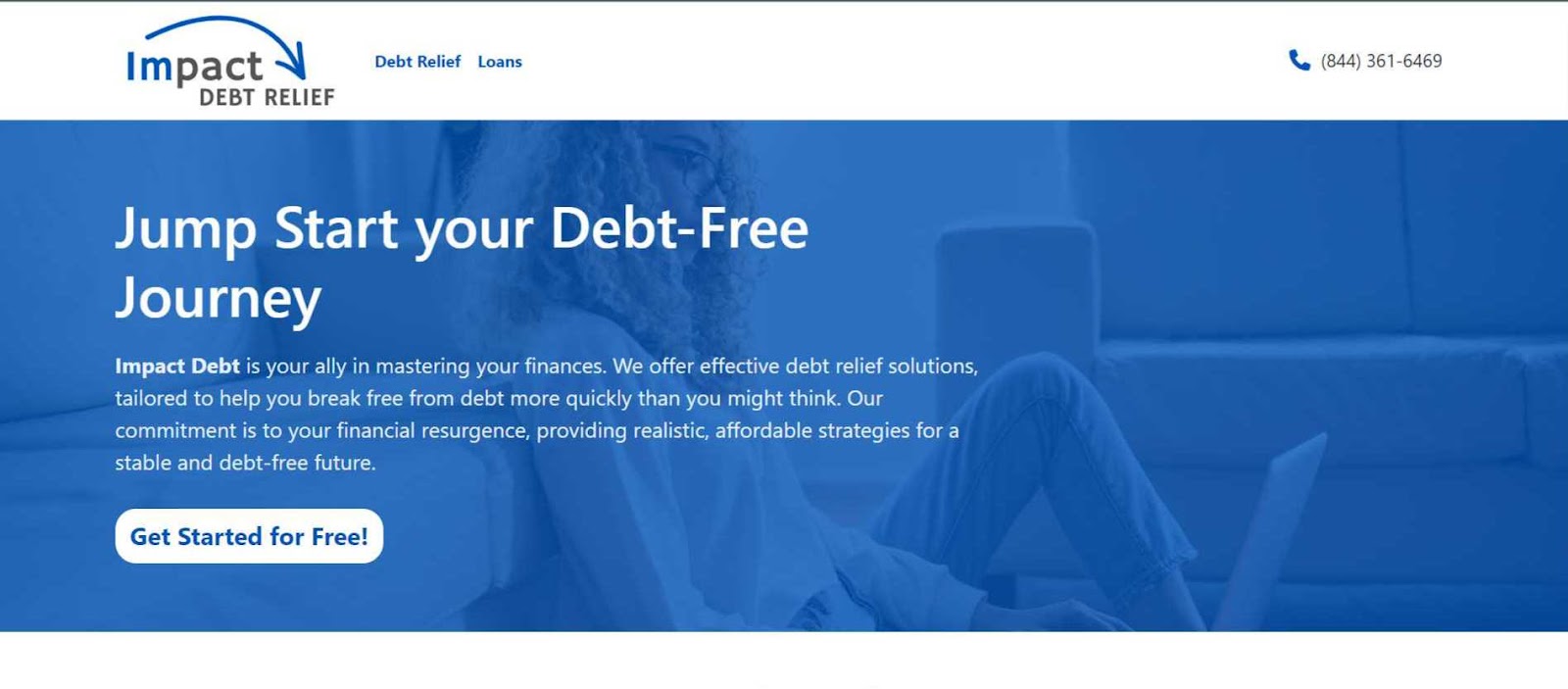 Impact Debt Relief's website offering the opportunity to "jump start your debt-free journey" with a free consultation. 